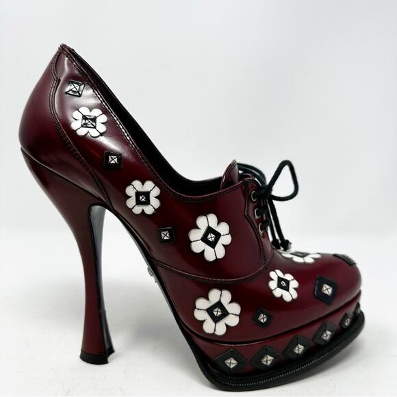 Prada Spazzolato Floral Studded Platform Lace Up Heels Womens Size EU 37.5 - Picture 6 of 13